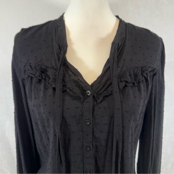 Black long sleeve pussybow clip dot button down top size medium - Picture 3 of 7